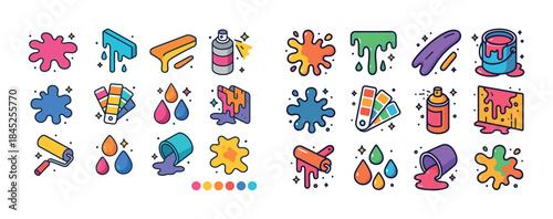 Set of colorful paint icons with splashes, brushes, and cans