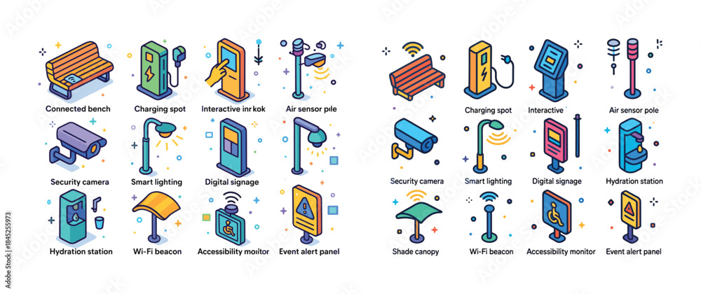 Fototapeta premium Smart city elements: benches, charging stations, security camera