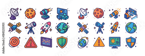 Space exploration icons: telescope, satellite, earth, planet, mi