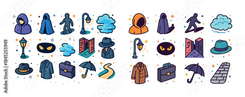 Mysterious urban icons featuring silhouettes, hats, and lamppost