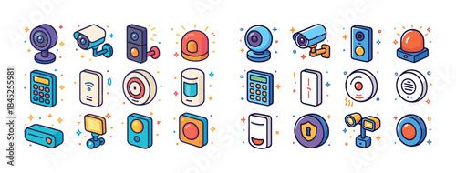 Colorful security device icons: cameras, alarms, and sensors col