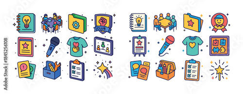 Colorful icon set: teamwork, creativity, leadership, education,