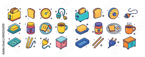 Colorful kitchen icons set with toaster, bread, butter, and uten