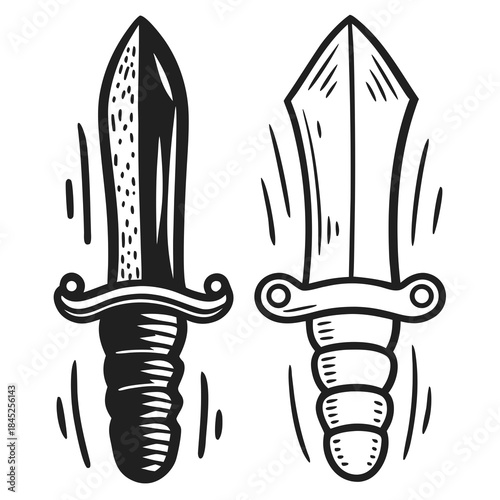 Dagger illustrations with detailed designs in black and white style  