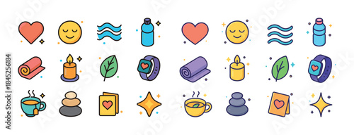 Colorful wellness and relaxation icons set with heart, yoga, and