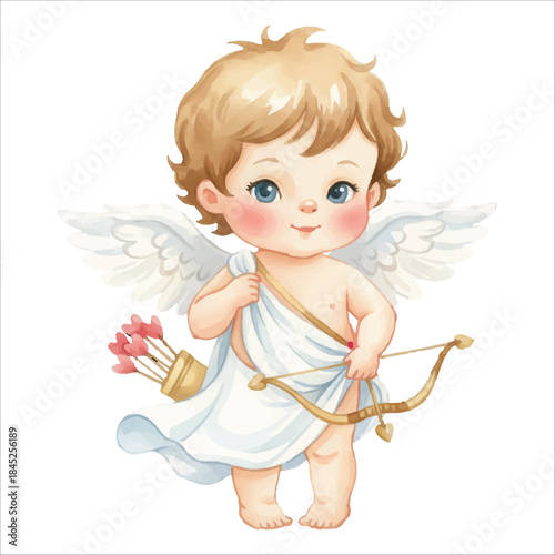 Cute Cupid Angel Getting Dressed Watercolor Vector Illustration Isolated on White Background
