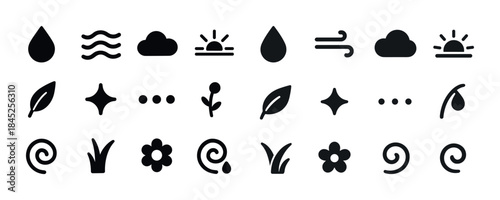 Minimalist nature icons set: weather, plants, sun, clouds, water
