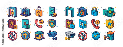Colorful security and travel icons including passport, lock, cam