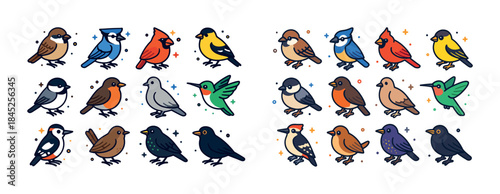 Vector art of various colorful bird species in rows
