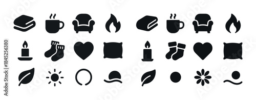 Cozy icons collection: mug, armchair, fire, candle, socks, heart