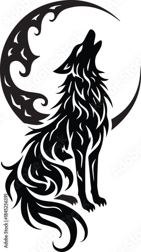 Tribal Wolf Howling at Moon Silhouette