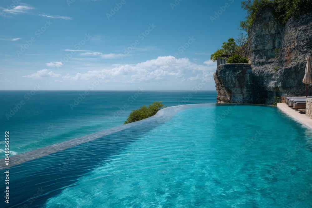 Fototapeta premium Luxury infinity pool overlooking a vast turquoise ocean beside a dramatic cliff under clear skies.