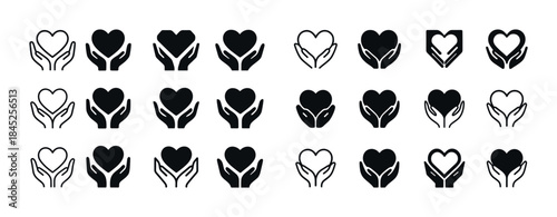 Variety of heart and hands icons in different styles and designs