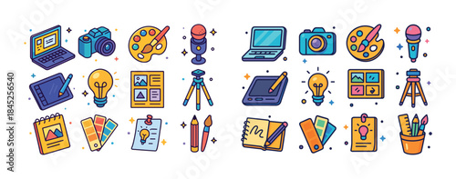 Creative tools and equipment icons for art, media, and technolog
