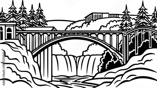 Very beautiful view of Spokane Monroe Bridge overlooking flowing waterfalls, urban nature harmony, dramatic water motion, and refined vector illustration blending city and landscape elements.