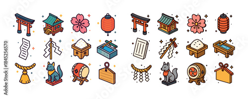 Japanese culture icons: temples, sakura flowers, lanterns, shint