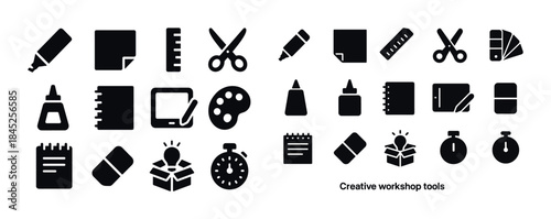 Assorted creative workshop tools icons: scissors, glue, ruler, p