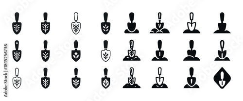 Collection of gardening shovel icons: various designs and styles