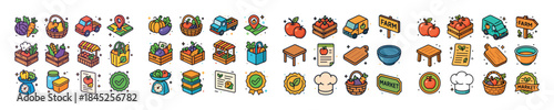 Colorful farmers market icons featuring fruits, vegetables, and