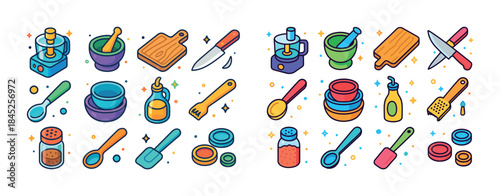 Colorful kitchen utensils and appliances collection with mortar,