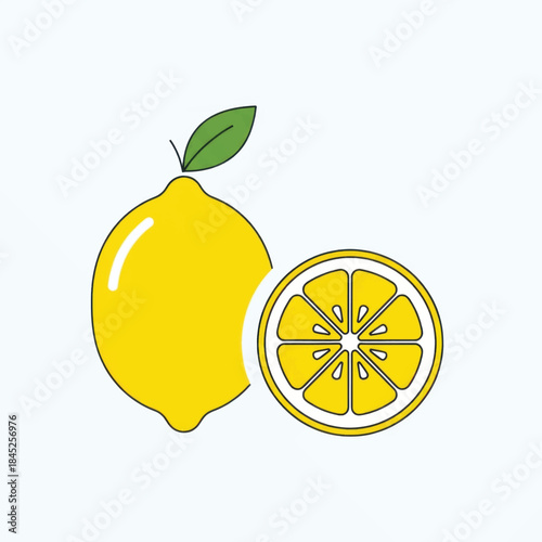 Bright yellow lemon with a sliced half and fresh juice on a clean background, showcasing citrus fruit freshness.