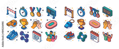 Colorful sports icons: medals, stopwatch, trophies, and diverse