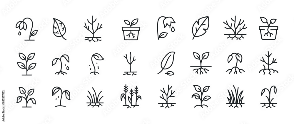 Naklejka premium Plant growth icons set featuring various stages and conditions o