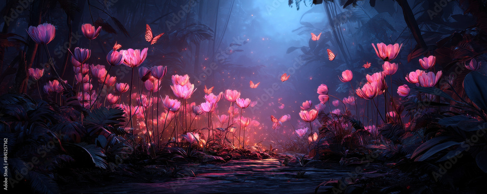 Fototapeta premium Butterfly dance among flowers in nature's lush garden enchanted forest digital art dreamy atmosphere serene beauty