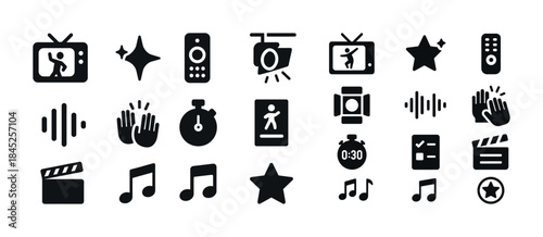 Entertainment and media icons set featuring tv, music, and clapp