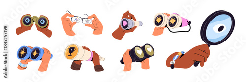 People look through binoculars set. Concept of curiosity, searching for and discovery. Hands with magnifying glass, telescope seek and observe. Flat isolated vector illustrations on white background