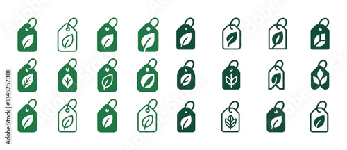 Green eco-friendly tags with leaf icons for sustainable products