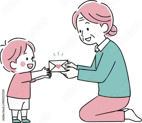 孫から贈り物を受け取る祖母、笑顔の年配の女性、プレゼント交換、家族のお祝い、ベクターイラスト