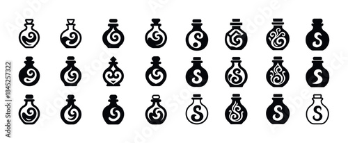 Collection of black and white decorative bottle icons