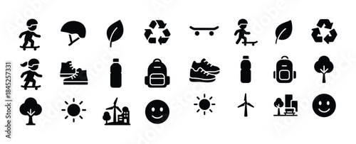 Eco-friendly icons: skateboarding, sustainability, nature, and u