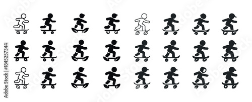 Set of skateboarding stick figures in various dynamic poses in b