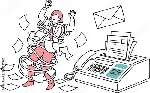 オフィスのファックス機の紙の乱雑さに圧倒され、書類が散らばり、デスクでイライラするプロフェッショナル