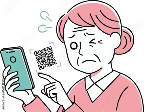 スマートフォンを使用する高齢女性、QRコードの操作に苦労、高齢者のテクノロジーへの混乱、デジタルインターフェース、モバイルデバイスの操作
