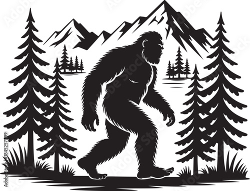 Bigfoot walking in mountain forest silhouette