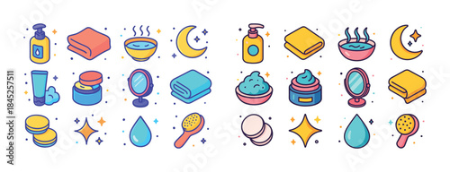Colorful skincare and self-care icons featuring cosmetics and sp