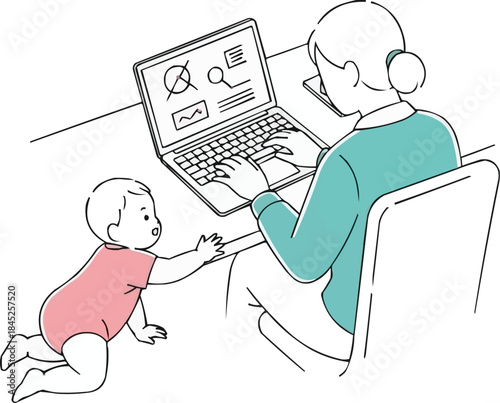 自宅で赤ちゃんの世話をしながらノートパソコンでリモートワークをする母親、モダンなホームオフィスの風景、子供とマルチタスクをする女性