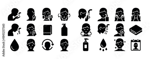 Skincare routine icons: washing, cleansing, moisturizing, and to