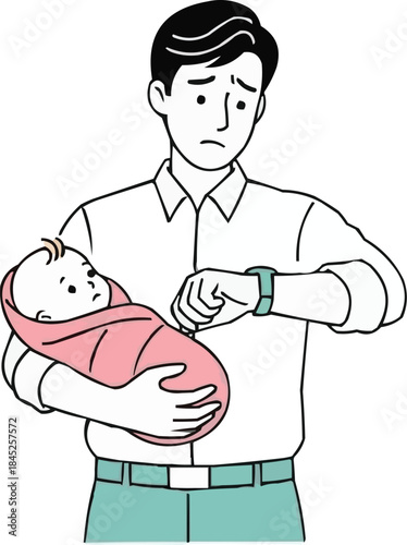 スマートウォッチをチェックしながら新生児を抱く新米パパ、現代の子育て、父親像