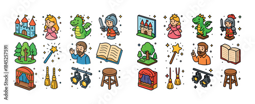 Whimsical fantasy icons: castle, knight, dragon, princess, and m