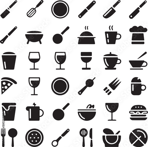 Kitchen utensil and dining icon set black