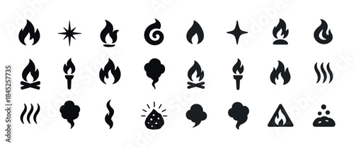 Collection of fire, smoke, and steam icons in various shapes and