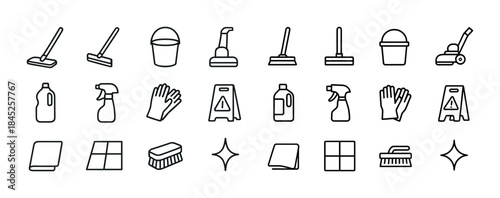 Collection of cleaning equipment icons for household chores