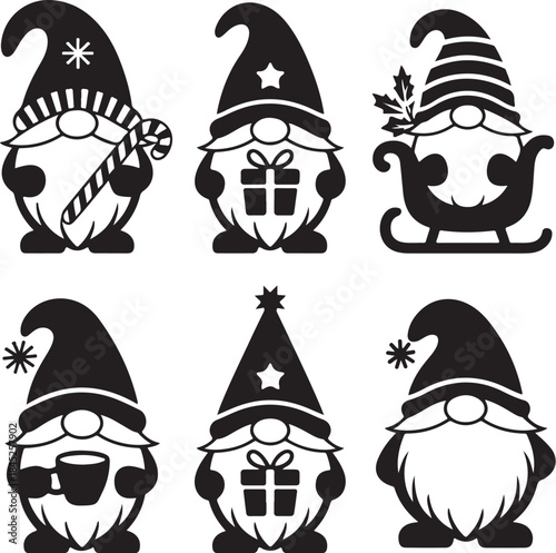 Six black and white christmas gnome silhouettes