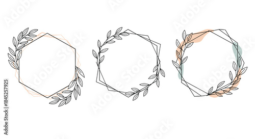 Set of three elegant hexagonal frames decorated with hand-drawn botanical leaves over abstract pastel shapes in a modern style.