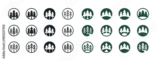 Set of tree icons in circular frames with varied designs and col