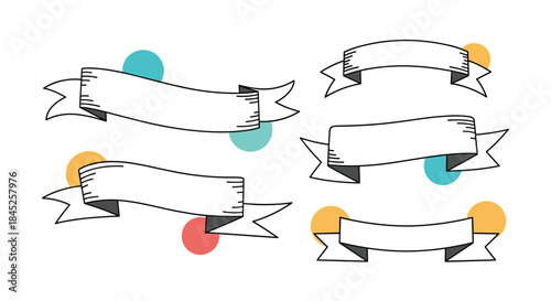Collection of hand-drawn vintage ribbon banners in a black and white sketch style with colorful dots for placing text.